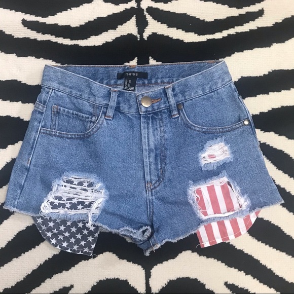 F21 High Waisted USA Stars Stripes Cutoff Shorts - Picture 1 of 7